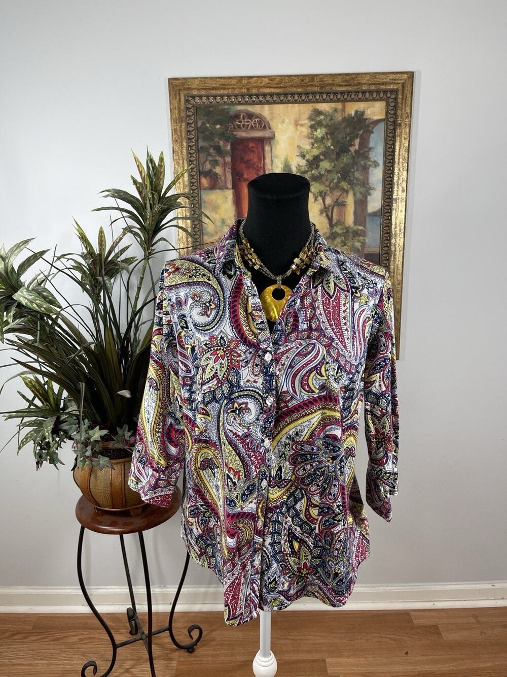 Dana Buchman‎ L Paisley Print Button Up Blouse 3/4 Sleeve Cotton Stretch Boho